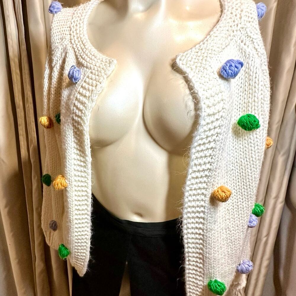 Adorable Listicle Knit Cardigan with Colorful Pom Poms Medium